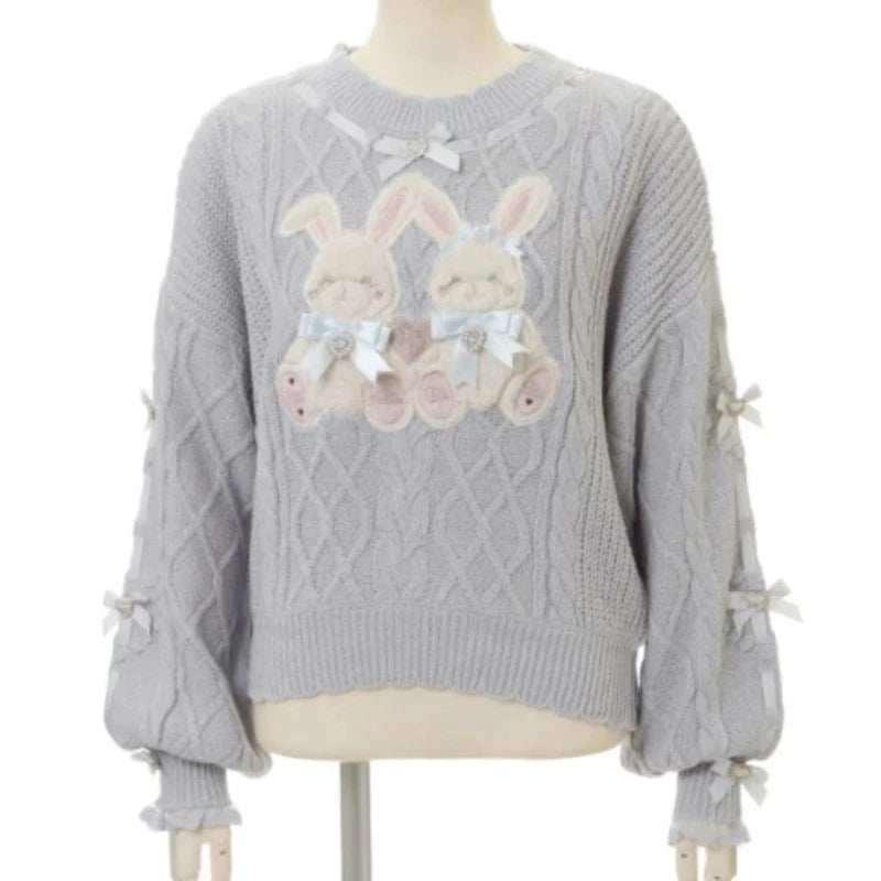 Sweet Lolita Cartoon Plush Bear Bunny Knitted Pullovers Women Harajuku Bow Pearl Ribbon Sweaters Japanese Girls Knitwear Tops - Madeinsea©