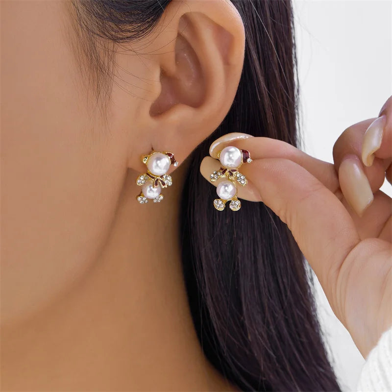 Creative Christmas Grandpa and Grandma Zircon Stud Earrings For Women White Pearl Crystal Snowman Elk Earring New Year Jewelry