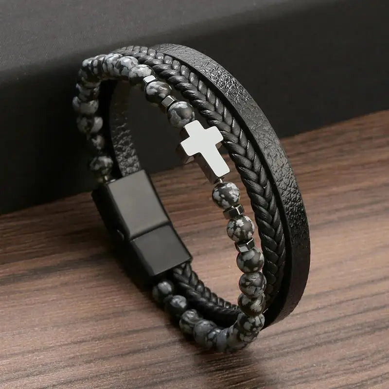 Fashion Cross Pendant MultiLayer Leather Bracelet for Men Women Classic Christian Prayer Christmas New Year Gift
