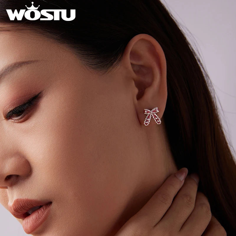 WOSTU Solid 925 Sterling Silver Silver Red Bow Earrings with Stars, Cute Xmas New Year Gift