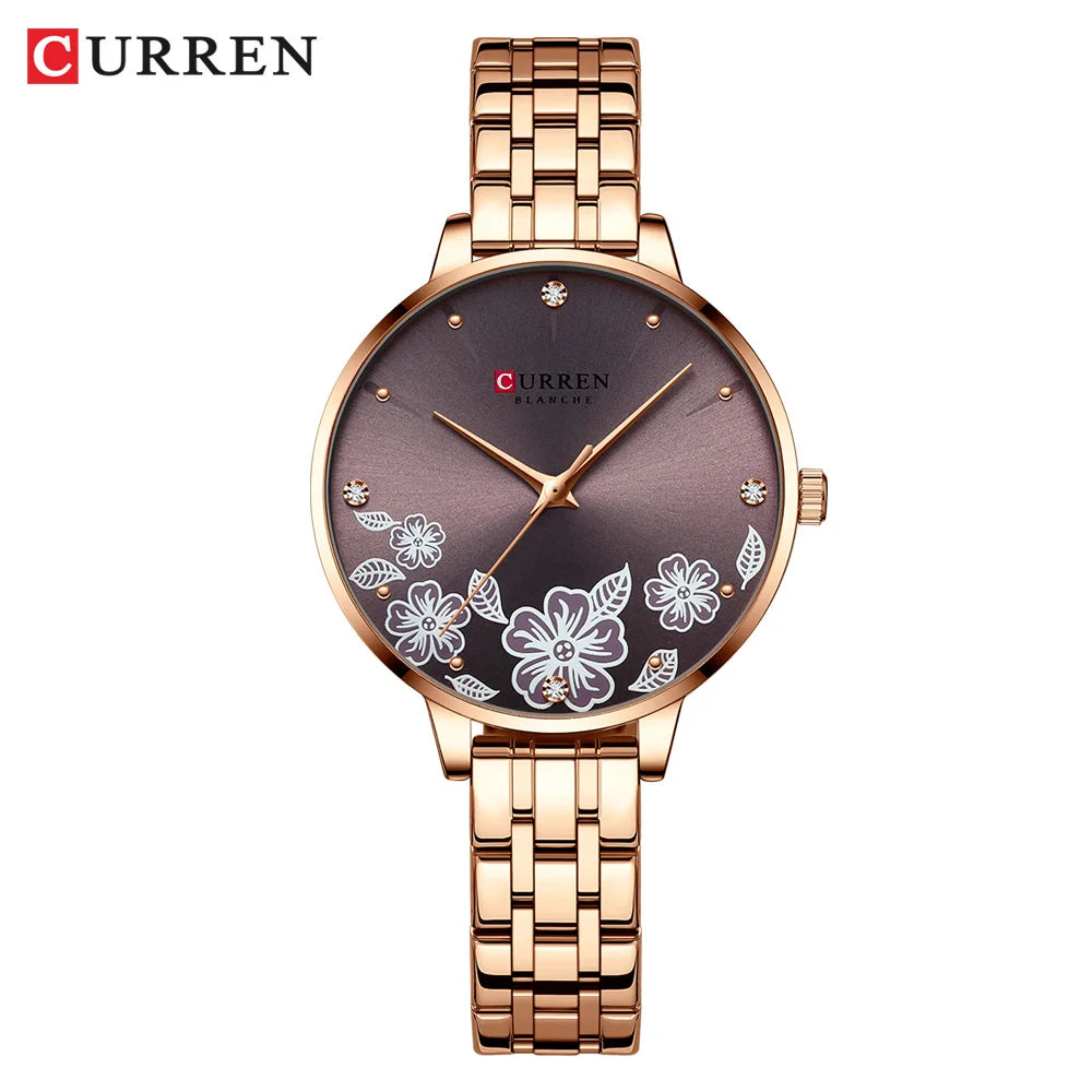 CURREN Fashion Quartz Wristwatches for Women Simple Stainless Steel Watch Bracelet with Flower Design Dial