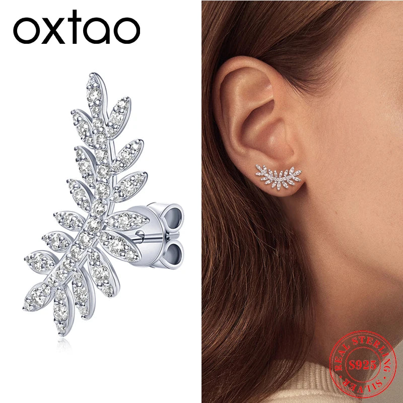 OXTAO Moissanite Leaf-Shaped Earrings For Women 925 Sterling Silver Glittering Diamond Earrings Stud Fashion Wedding Jewelry Gif