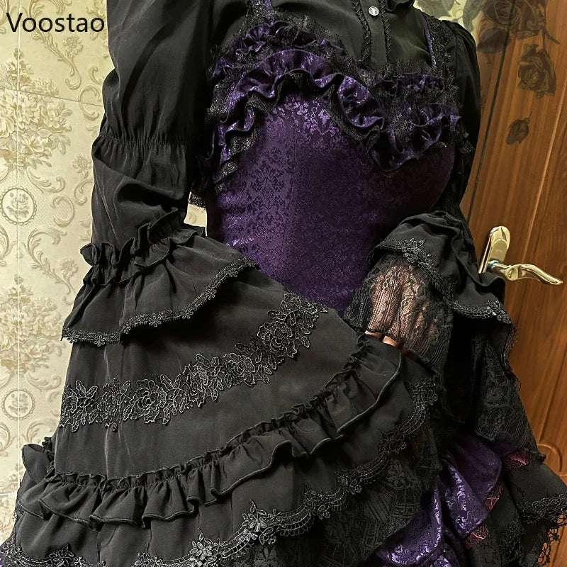 Victorian Gothic Lolita Style Shirts Women Vintage Elegant Lace Ruffles Flare Long Sleeve Slim Blouse Japanese Sweet Y2k Tops