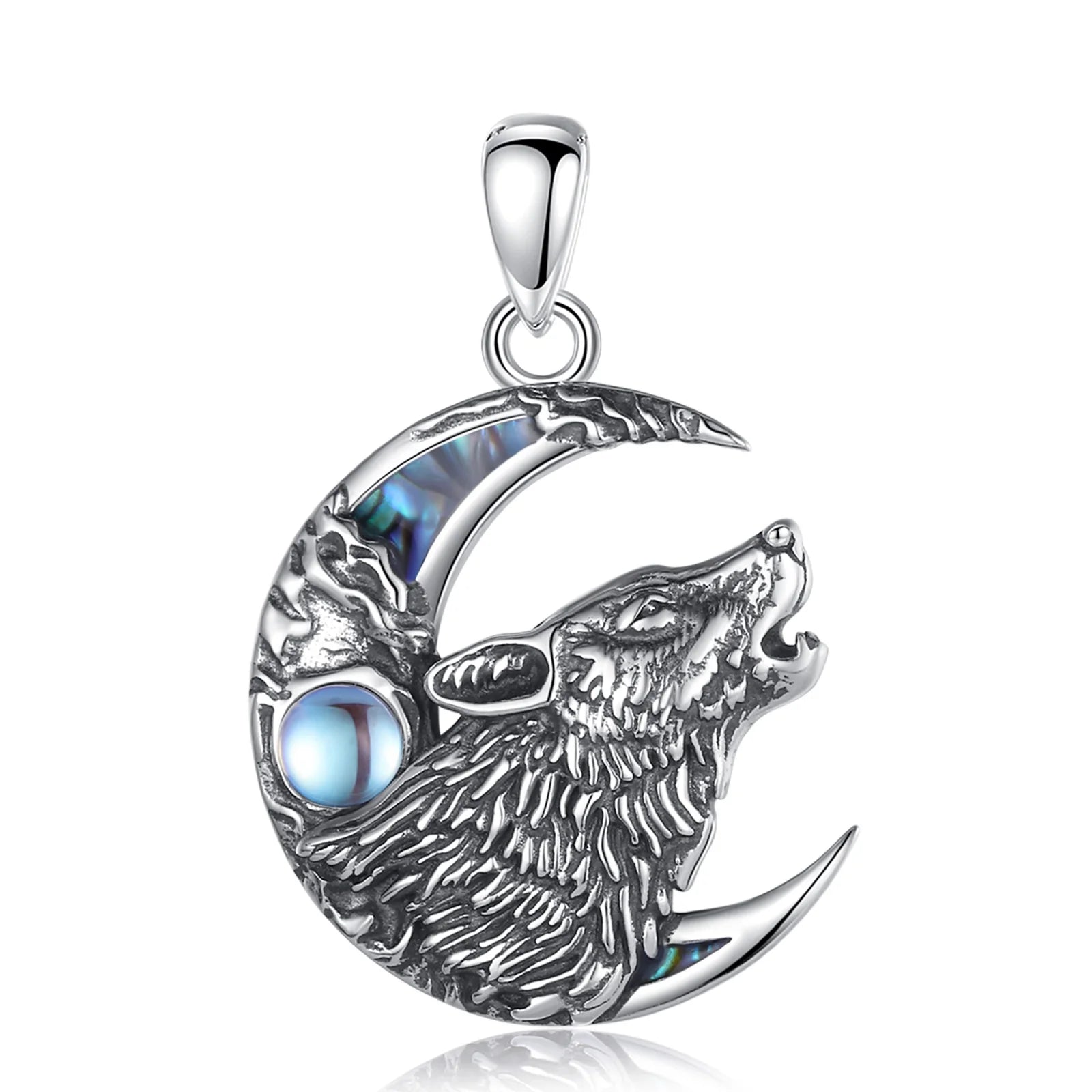 Eudora 925 Sterling Silver Wolf on the Moon Necklace for Women Man Natural Abalone Shell Viking Wolf Pendant Jewelry Party Gift