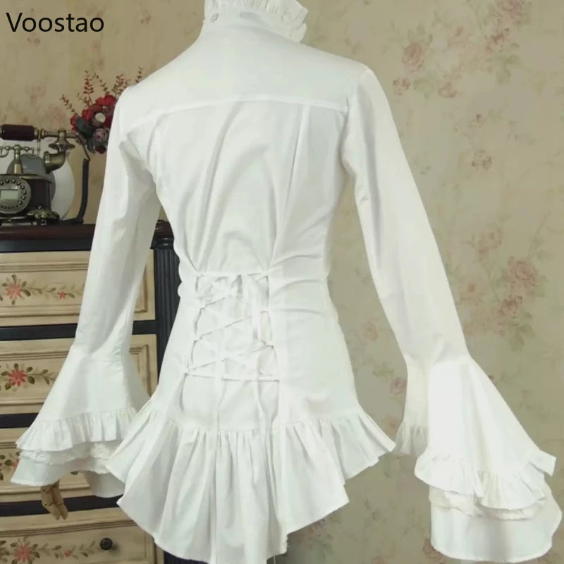 Japanese Gothic Lolita Flare Sleeve Shirts Women Y2k Aesthetic Lace Ruffle Patchwork Blouse Elegant Lady Loose Blusas Mujer Tops