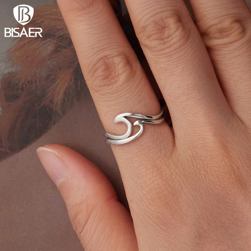 BISAER 925 Sterling Silver Curved Double-layer Open Ring Adjustable Irregular Lines Rings for Women Party Original Fine Jewelry