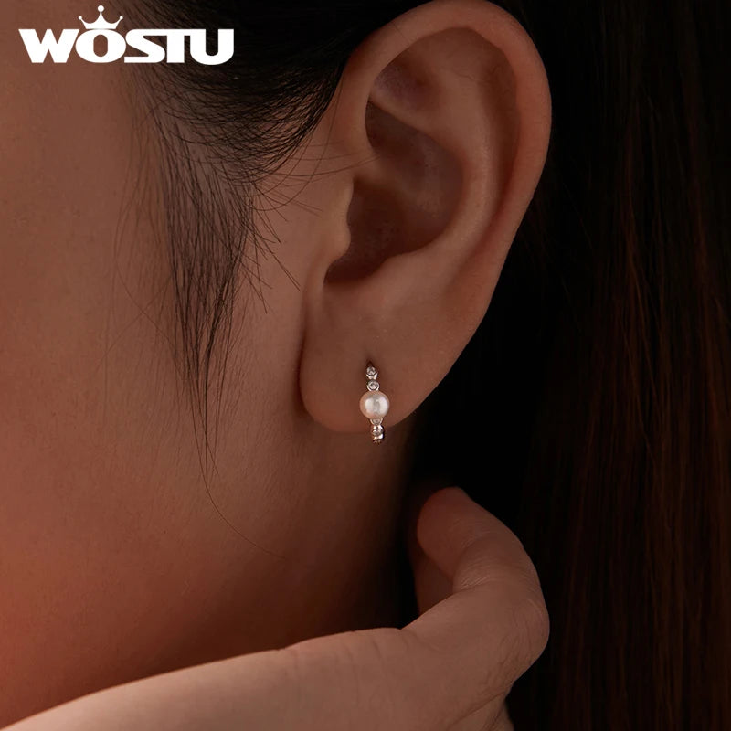 WOSTU Moissanite & Natural Pearl Bubble Hoop Earrings For Women, 925 Sterling Silver Elegant Huggies Pendient Xmas New Gift