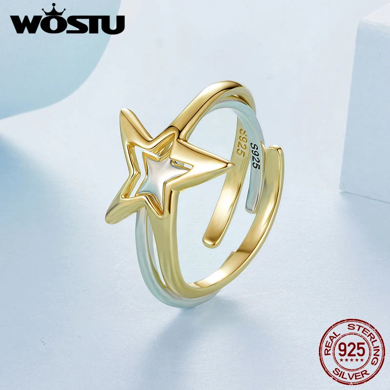 WOSTU Two Tone Gold 925 Sterling Silver Star Stackable Ring For Women , S925 Silver Open Rings Minimalist Unique Jewelry Gift