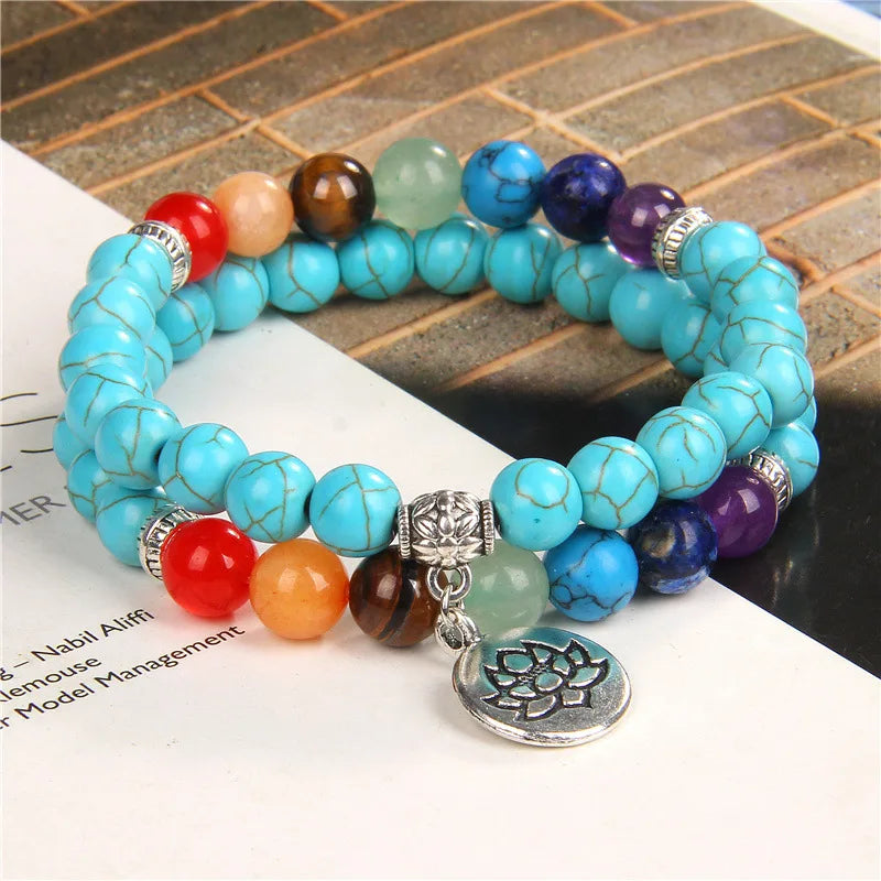 MKENDN 7-Chakra-Armbänder, buddhistisches Lotus-Amulett-Armband, Herren-Armband mit natürlichen Reiki-Steinen und Amethysten, Damen-Yoga-Schmuck