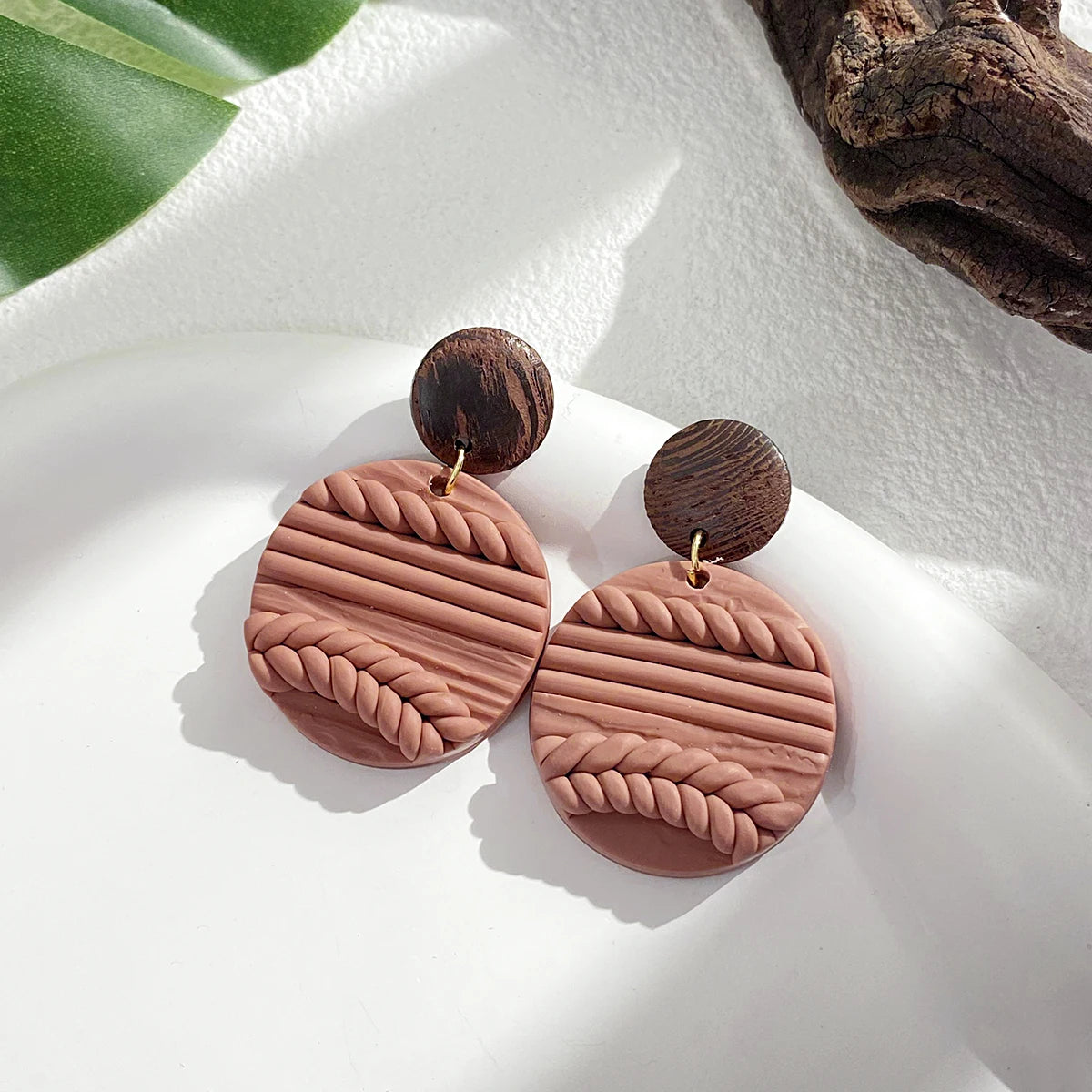 AENSOA Handmade Wooden Braided Polymer Clay Earrigns for Women Multicolor Unusual Knited Heart Geometric Drop Earrings Jewelry