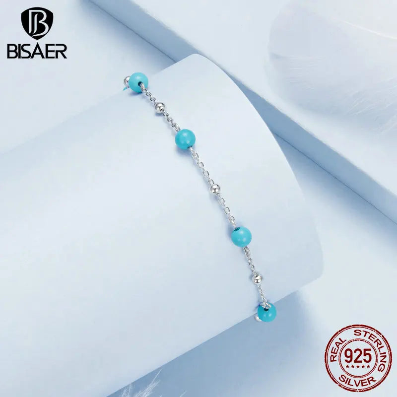 Bracelet BISAER en argent sterling 925 avec turquoise et perles rondes réglables, chaîne plaquée or blanc pour femme, bijoux fins de fête, cadeau