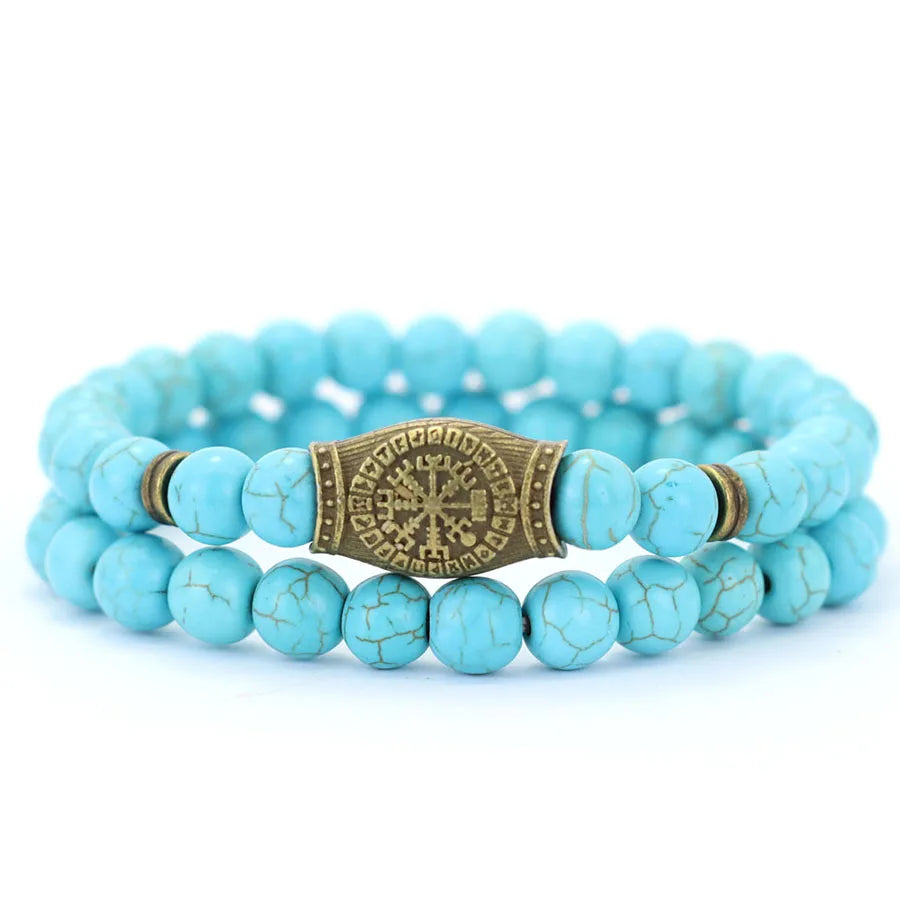 2Pcs Retro Viking Bracelet Set Men 8mm Volcano Howlite Hematite Stone Healing Braslet Meditation Yoga Prayer Strand Braclet Gift