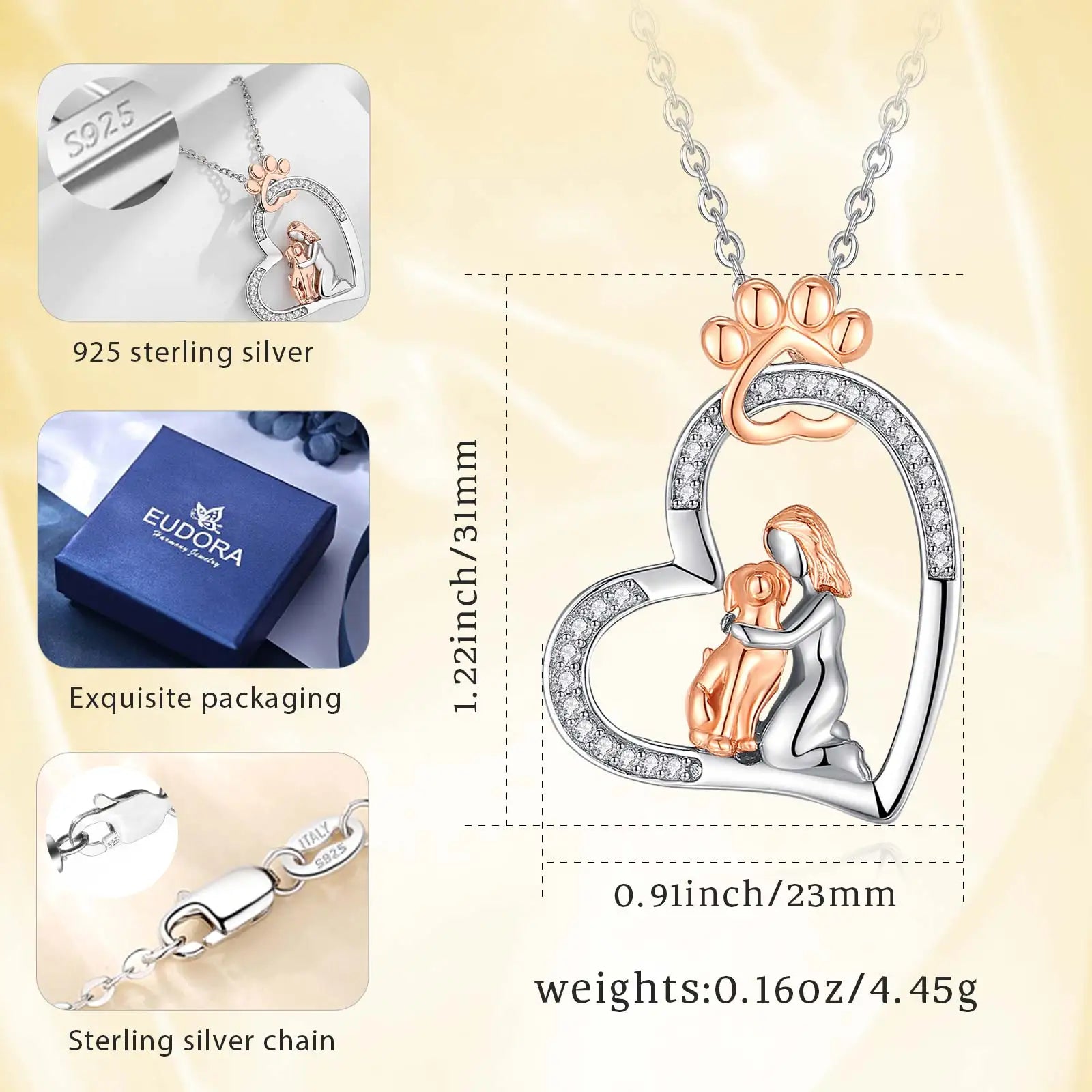 Eudora Original 925 Sterling Silver Women And Dog Necklace Temperament Heart Zircon Rose Gold Dog Footprint Pendant Jewelry Gift