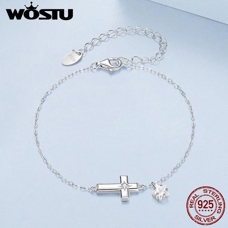 WOSTU 925 Sterling Silver  Classic Cross Style Zircon Chain Bracelet For Women Fashion Stacking Cross Wrist links Family Gift
