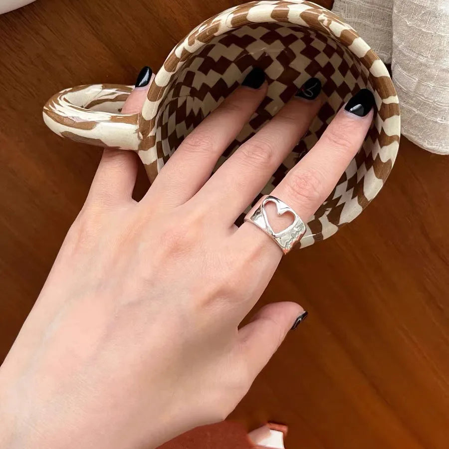 Bagues en argent sterling 925 BF CLUB pour femmes, bague ouverte minimaliste rétro en forme de cœur, bijoux fins