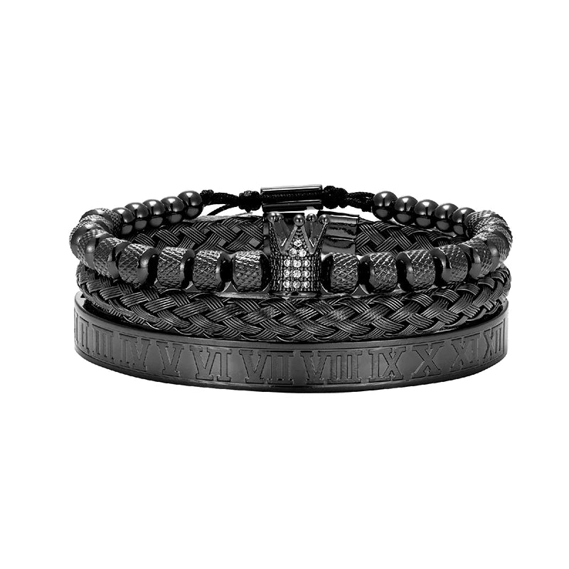 MKENDN Luxury Micro Pave CZ Crown Roman Royal Charm Men Bracelets Stainless Steel Roman Number Bangles Couple Handmade Jewelry