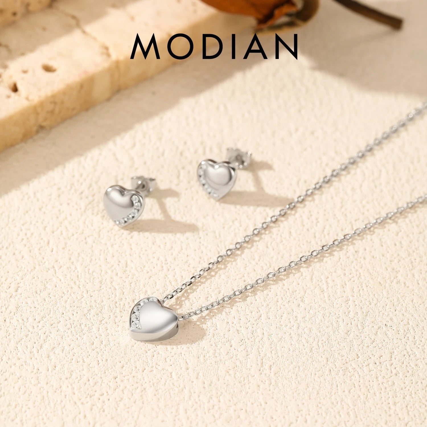 MODIAN 925 Sterling Silver Sets Simple Heart Ear Studs Dazzling Clear CZ Pendant Necklace For Women Fine Jewelry Sets