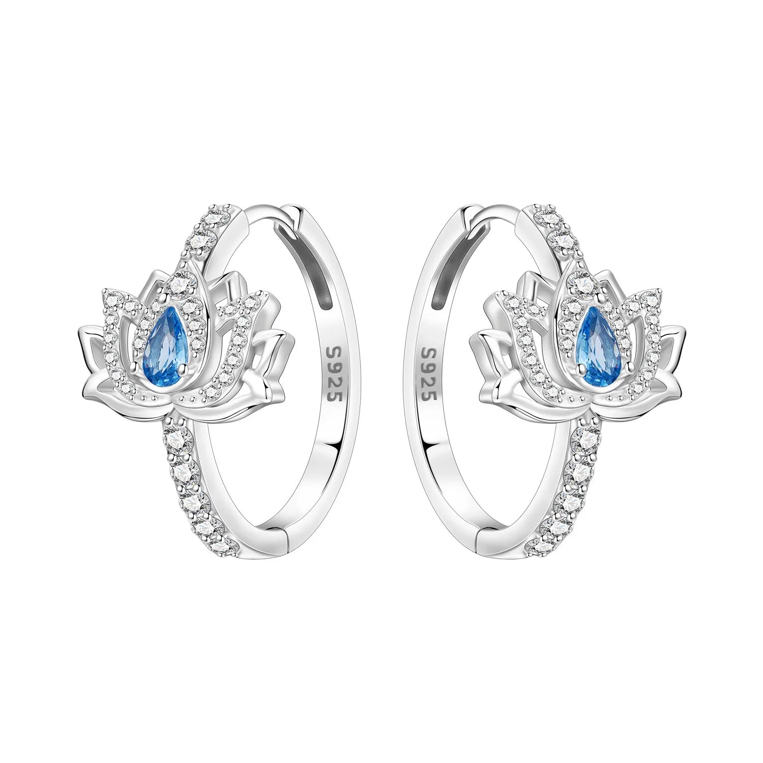 PANPOKI Original 925 Sterling Silver Blue Zircon Lotus Flower Earrings Women Hoop Earring Anniversary Jewelry Trendy Gifts