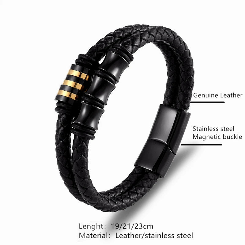 MKENDN Punk Genuine Leather Bracelet Double Layer Black Stainless Steel Magnetic Button For Men Unisex Accessories Jewelry