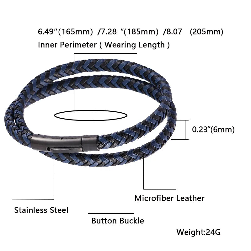 MKENDN Classic Black Stainless Steel Black Blue Braided Leather Bracelet Men Women Handmade Woven Double-Layer Jewelry Gift