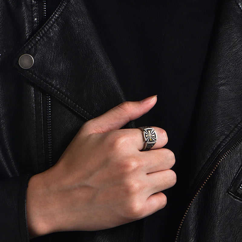 Bague Croix de Guerre rétro pour homme, accessoire croix, couleur argent, style punk gothique, bague ouverte ajustable, bijou unisexe fait main