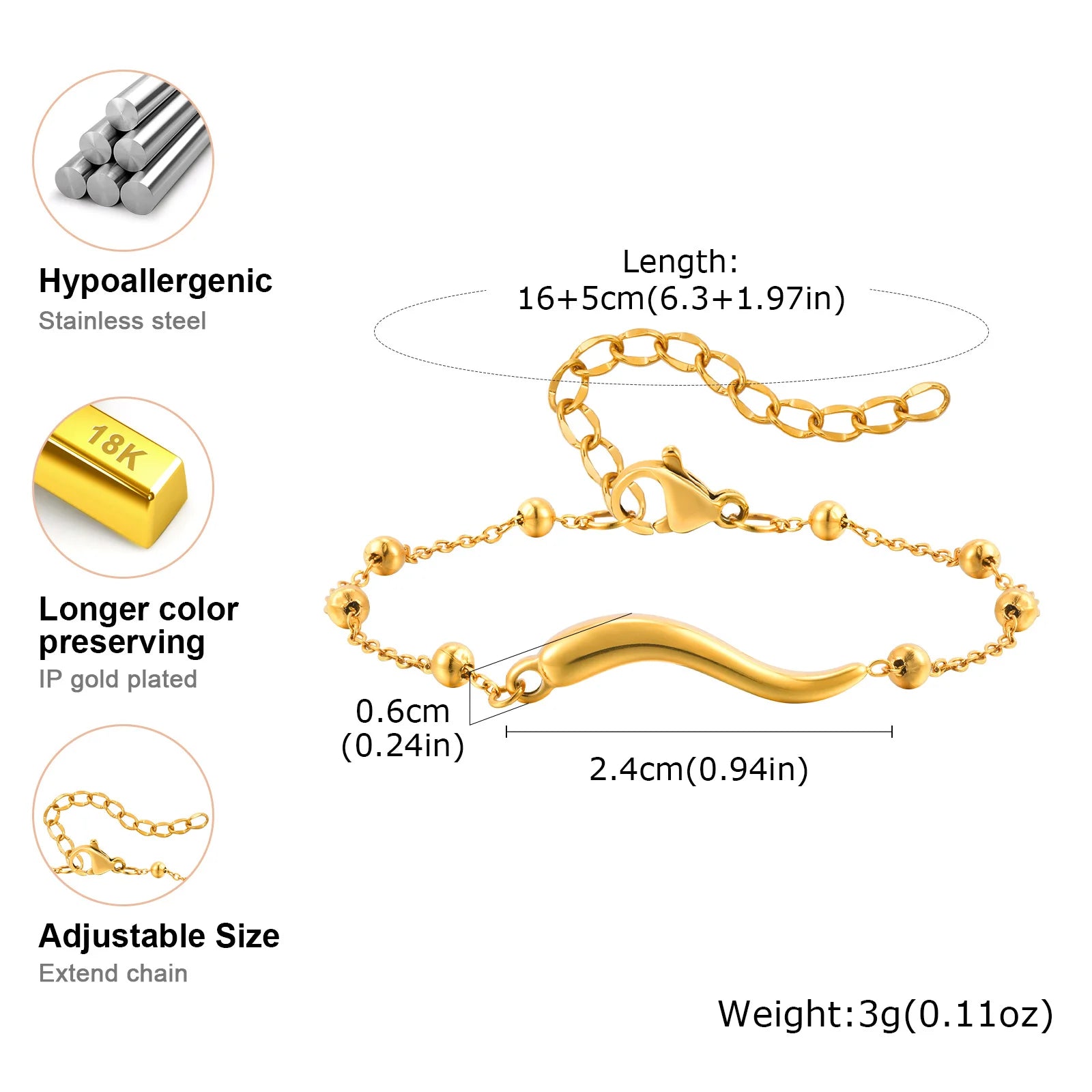 Vnox New Stainless Steel Small Chili Bracelet,Classic Gold Plated Beads Chain Smooth Accessories,Hand Bracelet Jewelry Gifts