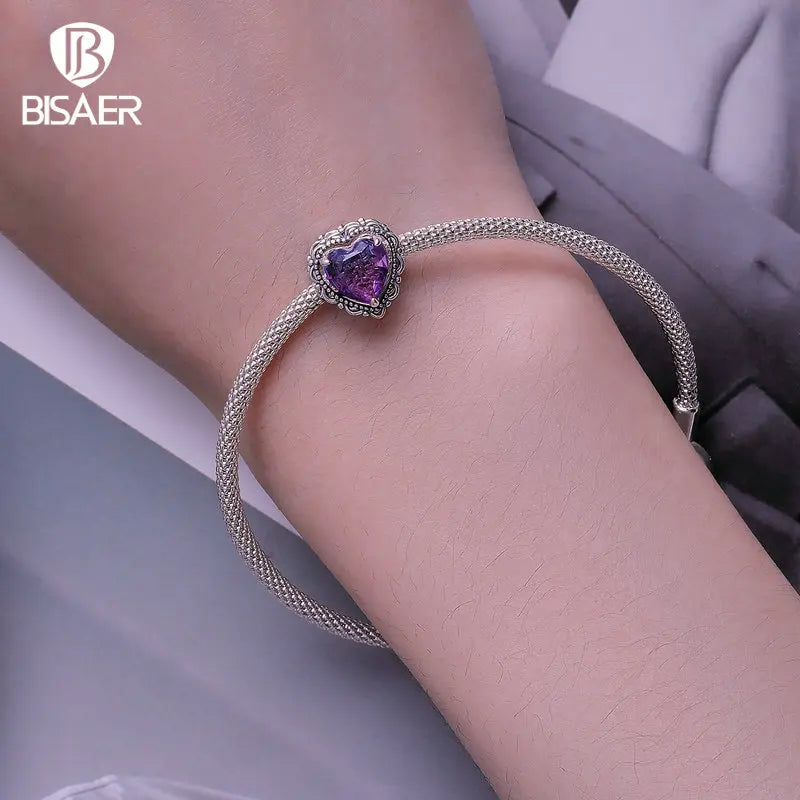 BISAER 925 Sterling Silver Vintage Purple Heart Gradient Charm Bead Fit Original Femme Bracelet &amp; Collier DIY Fine Jewelry