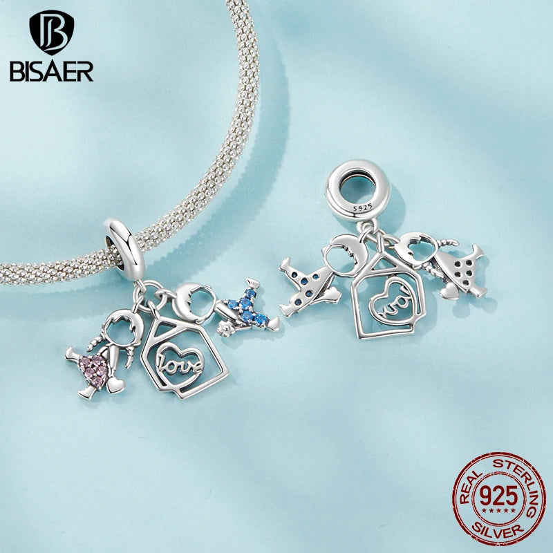 BISAER 925 Sterling Silver Family Charm Bead Boy & Girl Heart Zircon Pendant For Women Girl DIY Bracelet & Necklace Fine Jewelry