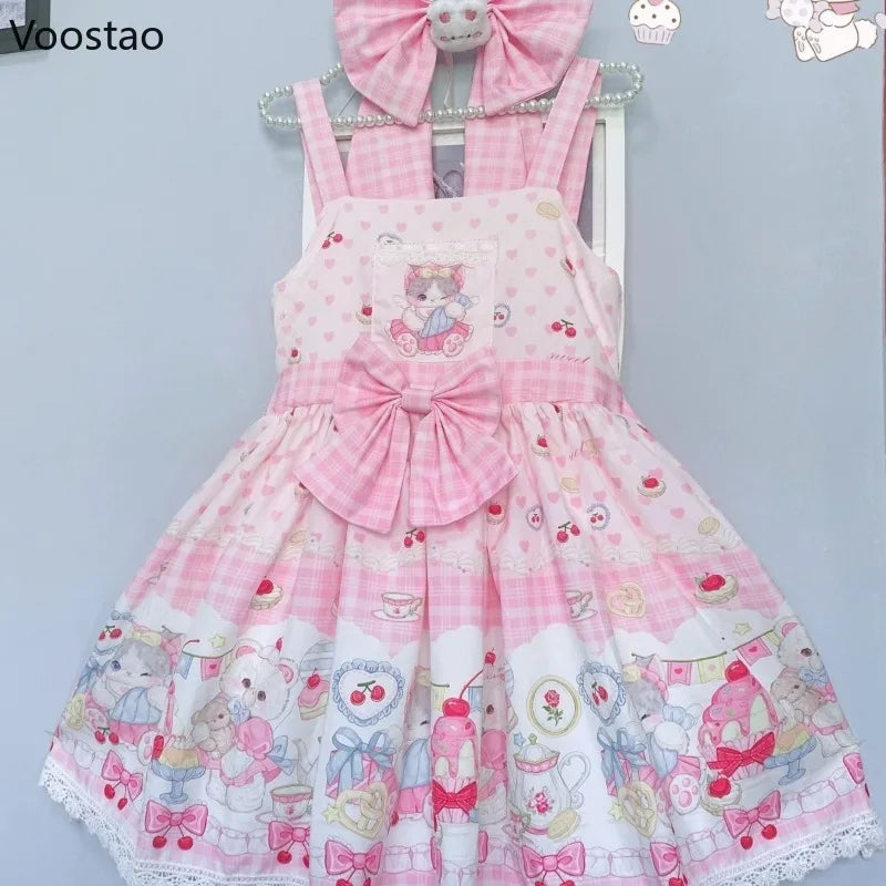Japanese Sweet Lolita Jsk Dress Women Kawaii Cartoon Cat Print Bow Lace Ruffles Strap Dress Girls Cute Tea Party Mini Dresses