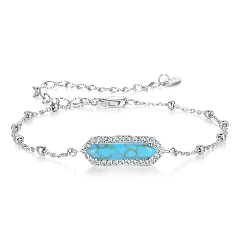 WOSTU Real 925 Sterling Silver Minimalist Rectangle Turquoise Bracelet For Women, Geometric Party Bracelet Fine Jewelry Gift