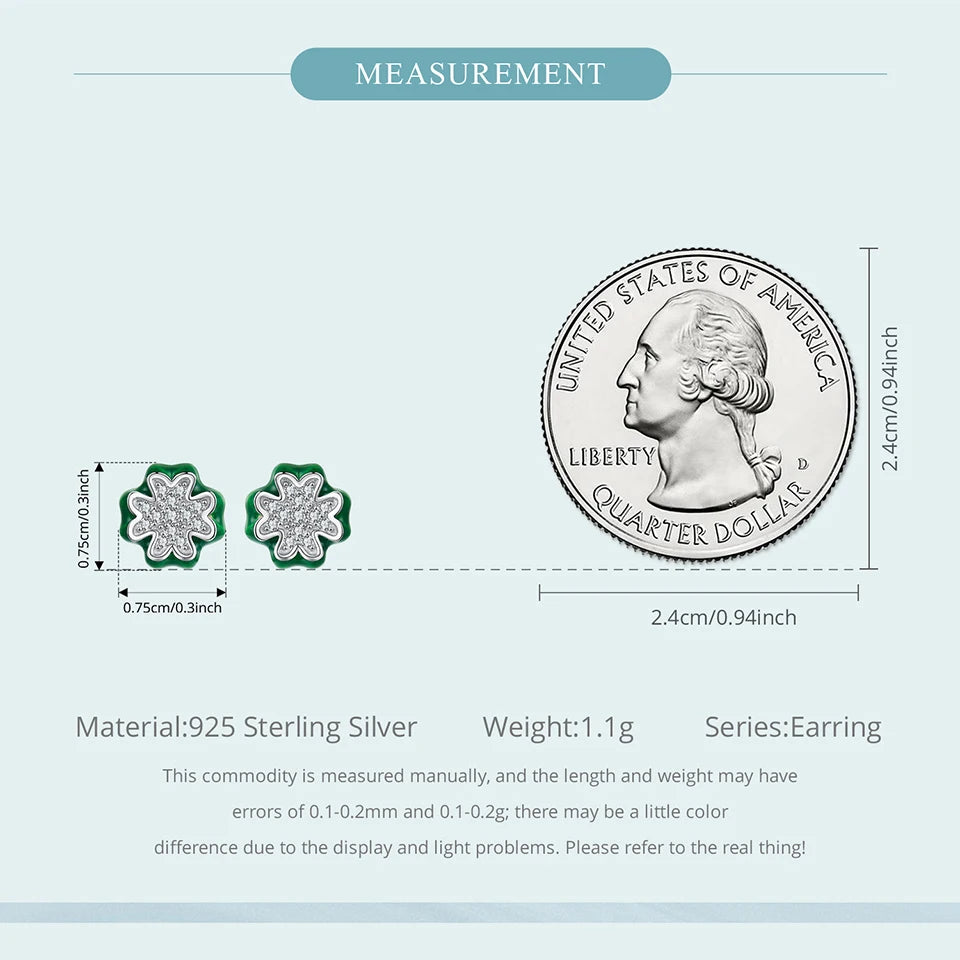 WOSTU Real 925 Silver Lucky Four Leaf Clover Stud Earrings, Green Enamel Sparkling CZ Studs for Women Daily Wear Valentine Gift