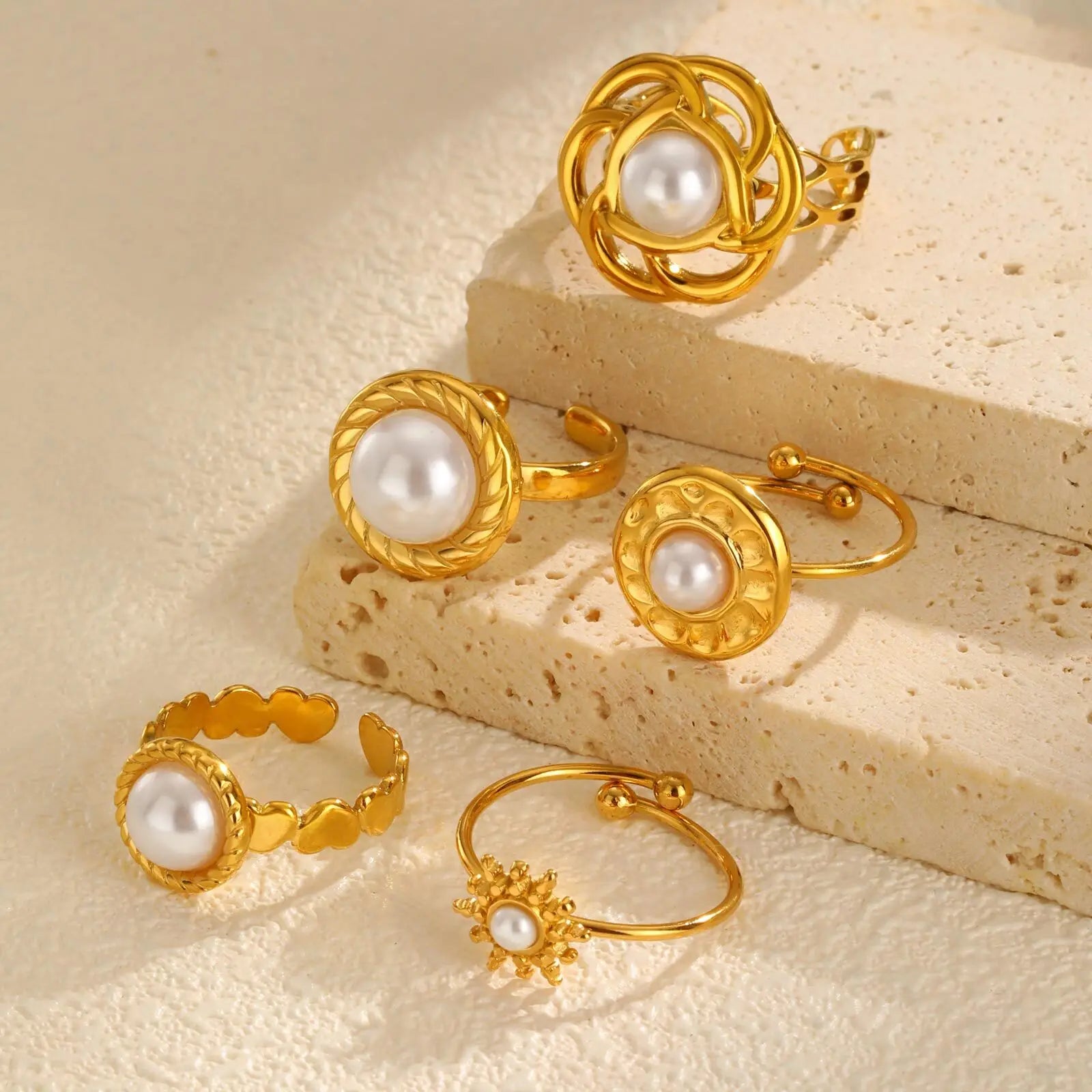 Vnox Elegant Natural Stone Stainless Steel Rings Fashion Colored Pearl Opal Turquoise Rings For Women Retro Waterproof Jewelry