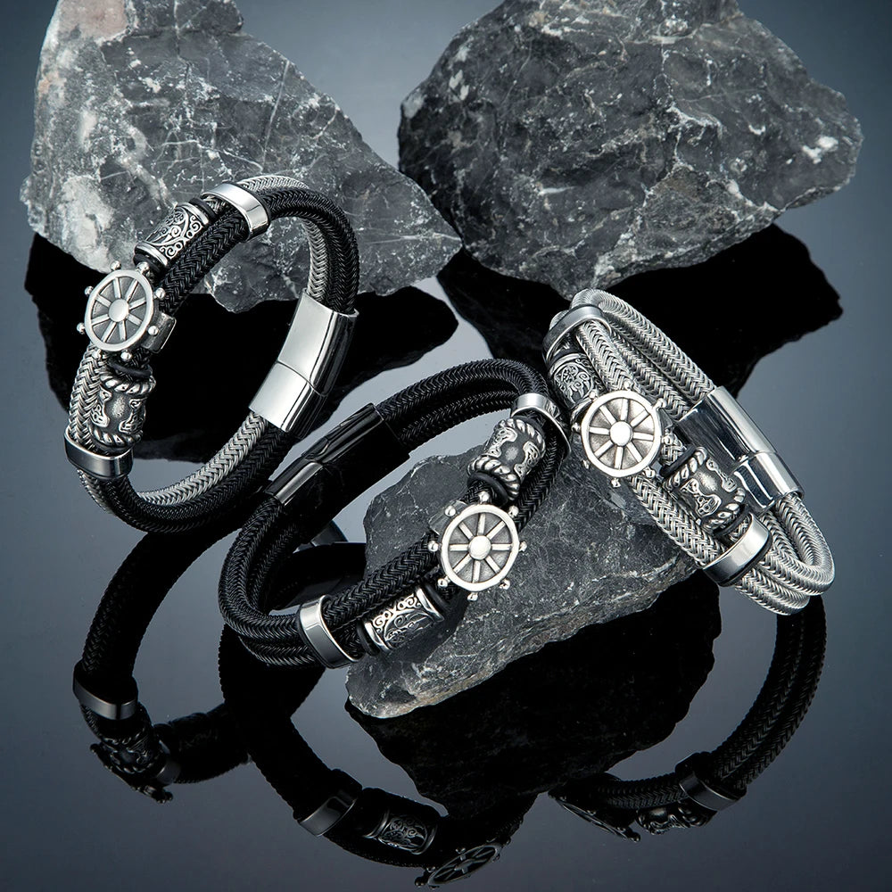 MKENDN Norse Mythology Viking Rudder Runes Amulet Bracelet for Men Stainless Steel Non-fading Steel Wire Rope Bracelets Gifts