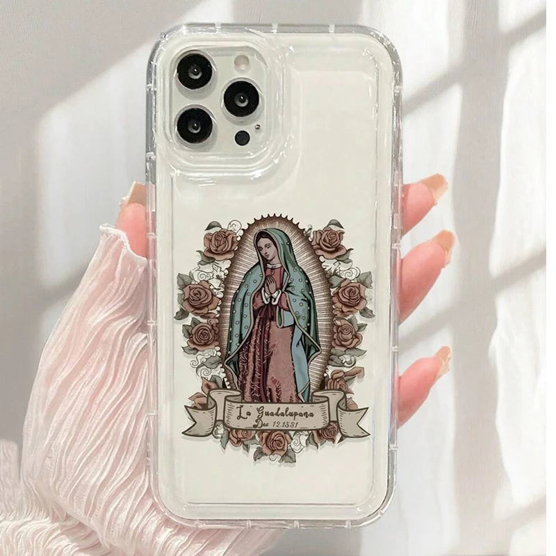 Soft Phone Case For iPhone 16 15 14 13 Pro Max 11 12 Mini 8 7 Plus X XR XS SE 2022 Women's Floral Virgin Mary Print Clear Cover