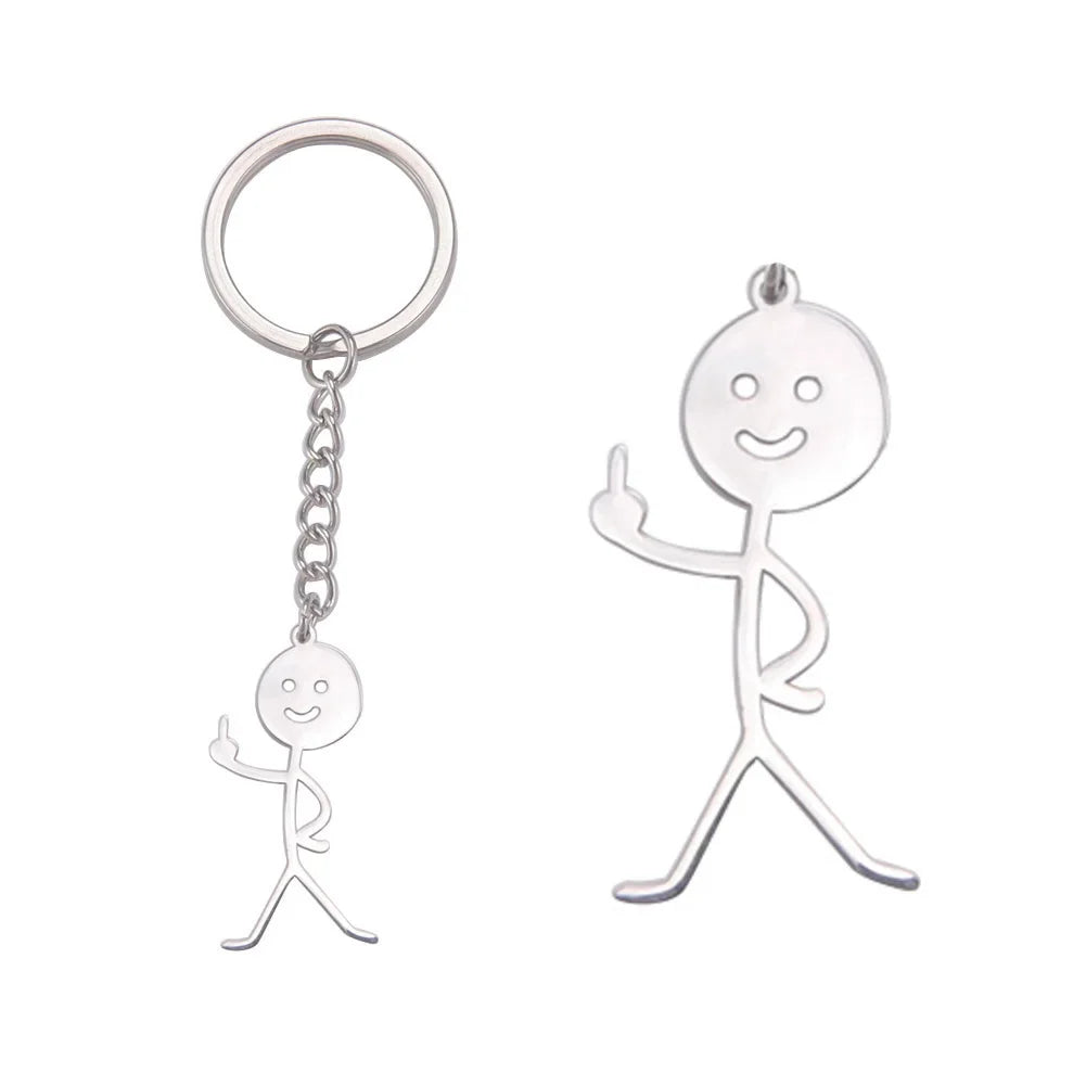 Dreamtimes Funny Doodle Key Chain Graffiti Stainless Steel Middle Finger Stickman Men Pendant Key Rings Jewelry Couples Hip-hop