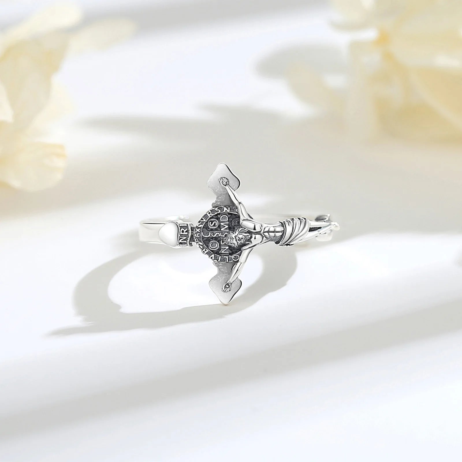 Eudora 925 Sterling Silver Saint Benedict Medal Adjustable Ring Vintage San Benedict Cross Amulet Ring Religious Jewelry Gift