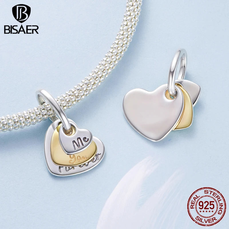 BISAER 925 Sterling Silver Eternal Love Charm Bead Two-tones Heart Pendant for Women DIY Bracelet & Neckalce Fine Jewelry Gift