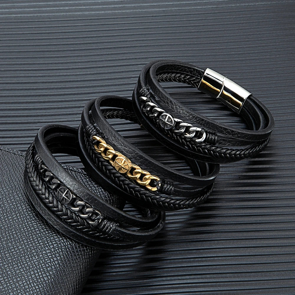MKENDN Fashion Viking Handwoven Leather Bracelet Stainless Steel Clasp Multilayer Cufflinks Bracelet Men's Punk Rock Jewelry