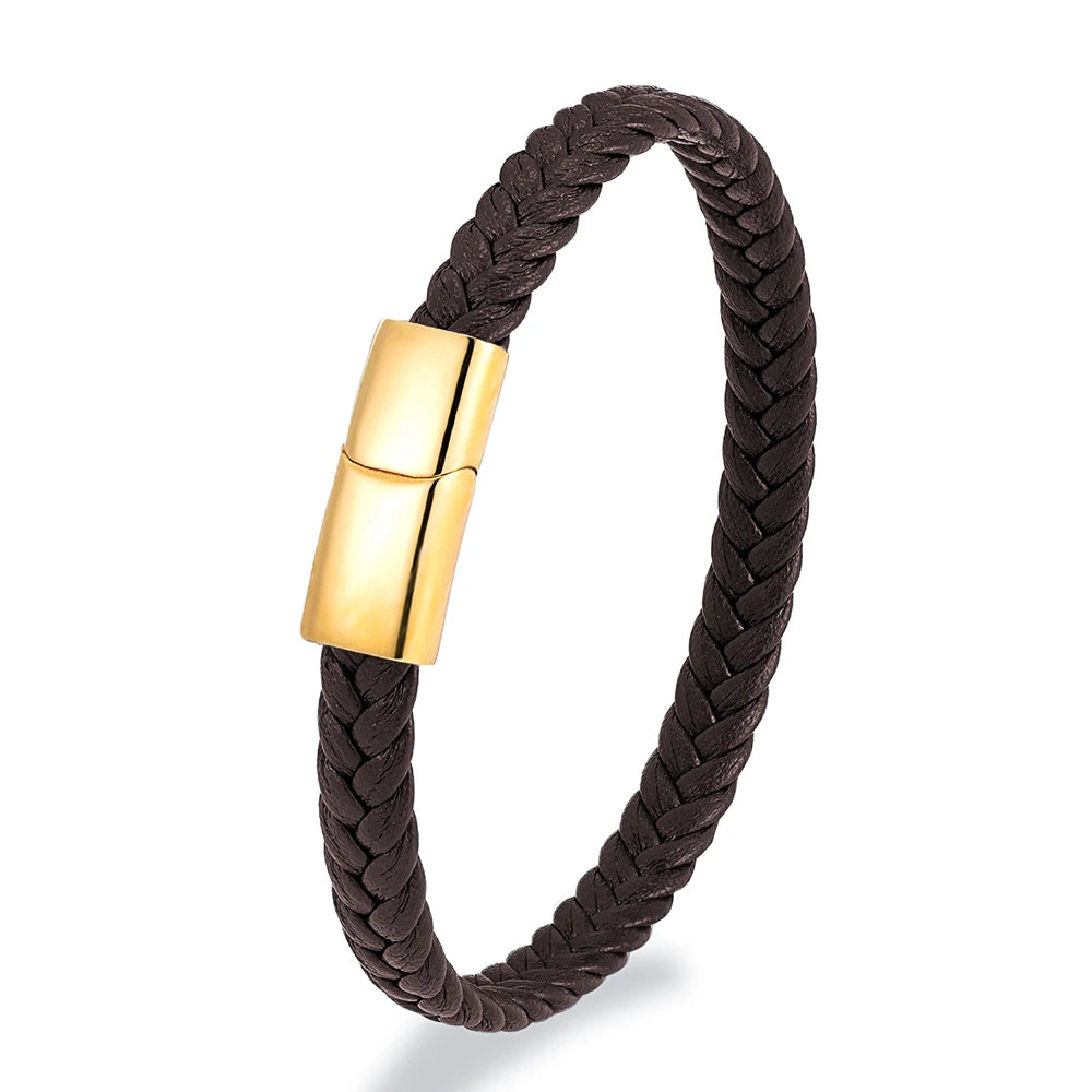 MKENDN Simple Classic Stainless Steel Bracelet for Women Men Genuine Braided Leather Bangles Special Couple Jewelry Gift