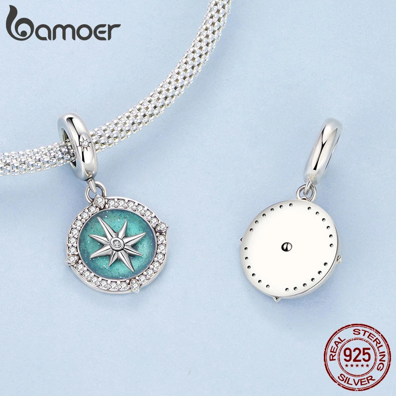 Bamoer 925 Sterling Silver Compass Pendant Enamel Blue Full Circled Zircon Beads for Women DIY Necklace Accessories Crystal Gift
