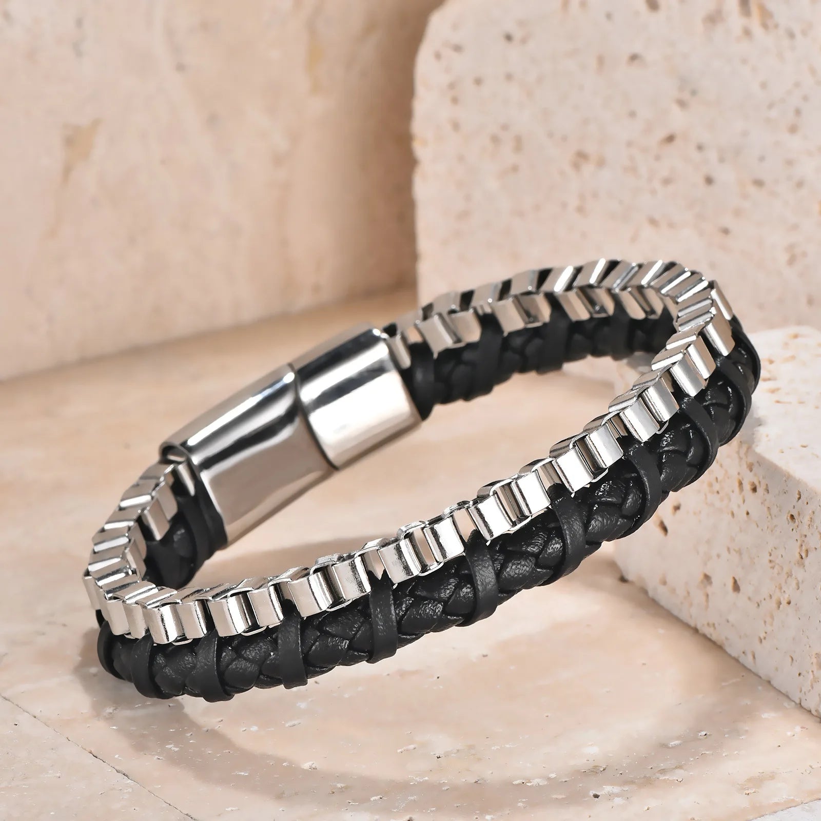 MKENDN Locomotive Vintage Black Chain Link Men Leather Bracelet Punk Stainless Steel Motorcycle Bracelets Male Jewelry