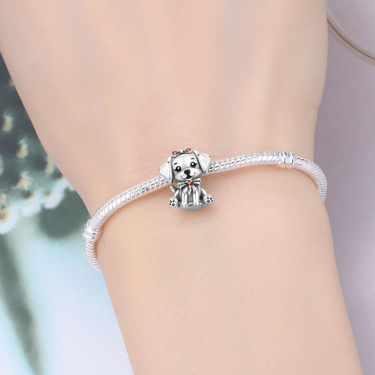 PANPOKI 925 Sterling Silver Cute Bow Dog Animal Pet Beads Original Pendants Bracelet Charm Jewelry Party DIY Trendy Gifts