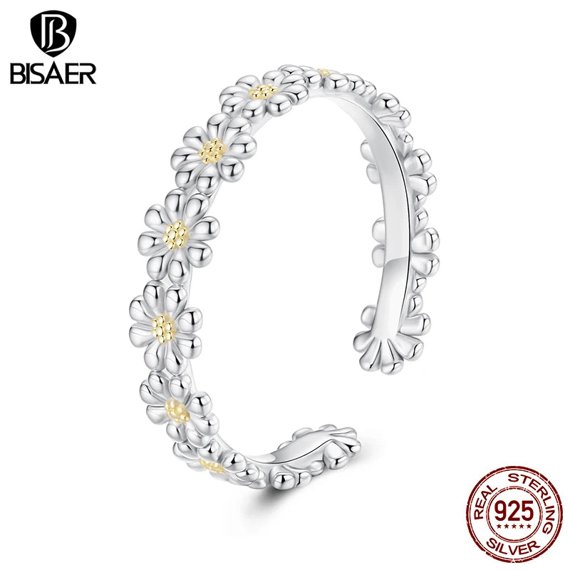 BISAER 925 Sterling Silver Daisy Open Ring Fresh Flower Statement Band Adjustable Plated White Gold for Women Party Fine Jewelry
