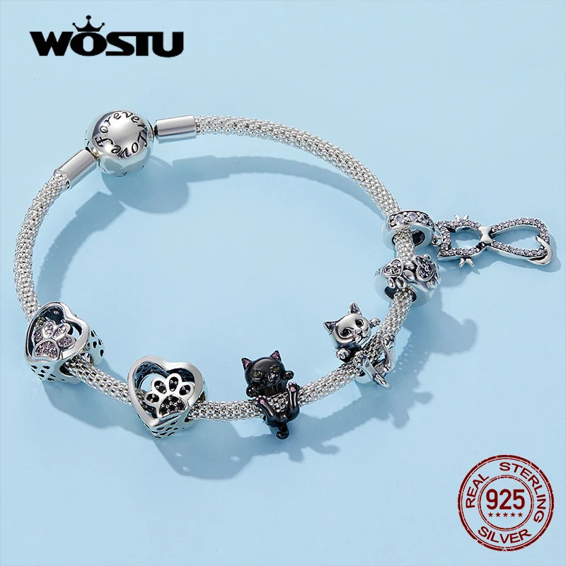 WOSTU 100% 925 Sterling Silver Cute Kitty Black Cat Charms Animal Bead for Women Fit Original DIY Bracelet Necklace Jewelry Gift