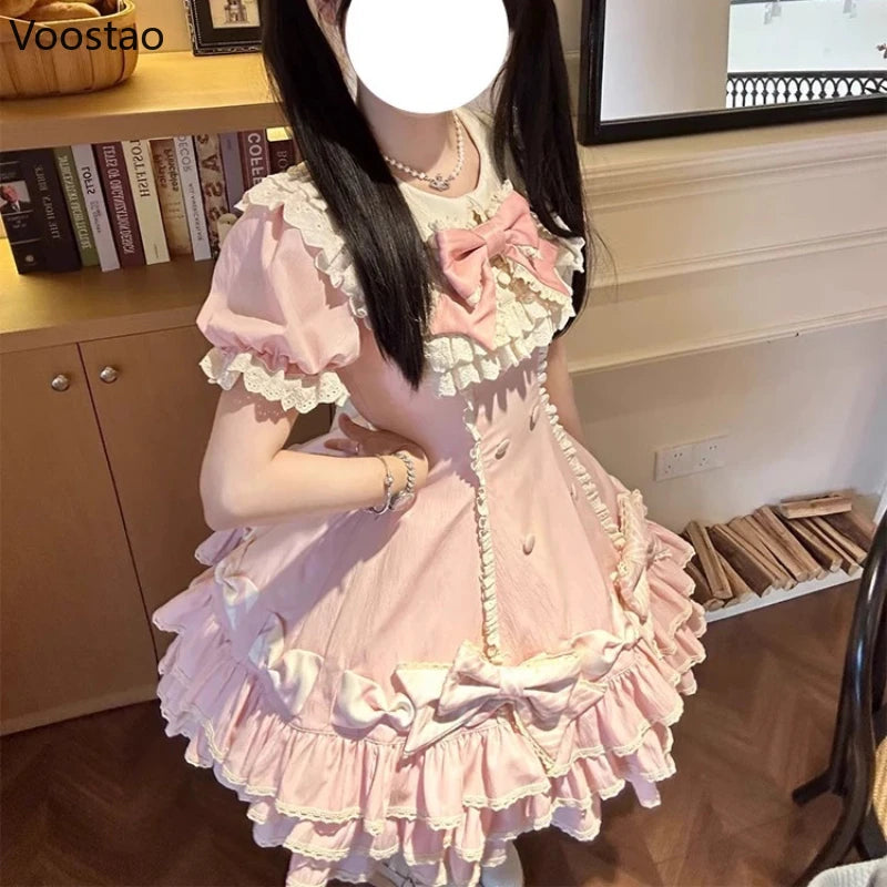Japanese Sweet Lolita OP Dress Women Vintage Kawaii Lace Puff Sleeve Bow Princess Party Dresses Girl Y2k Cute Evening Cake Dress