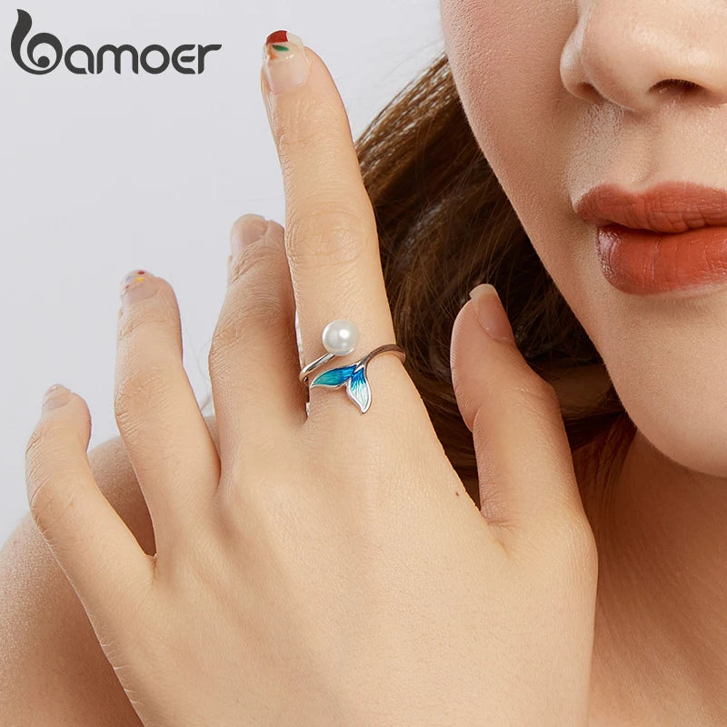 BAMOER Solid 925 Sterling Silver Mermaid Tail Adjustable Ring for Women Girl, Lucky Animal Jewelry Gifts for Women BSR673-E