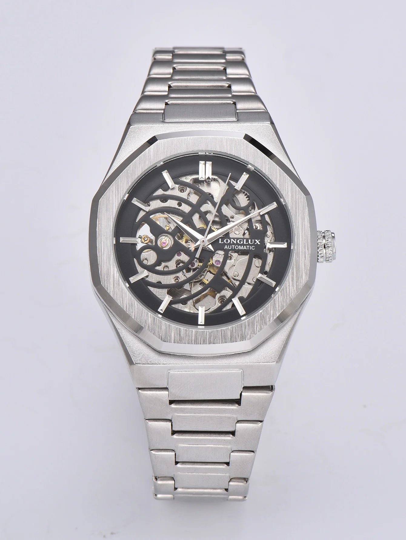 LONGLUX automatic watch business mechanical watches simple skeleton waterproof stainless steel cost effective mens watch gift