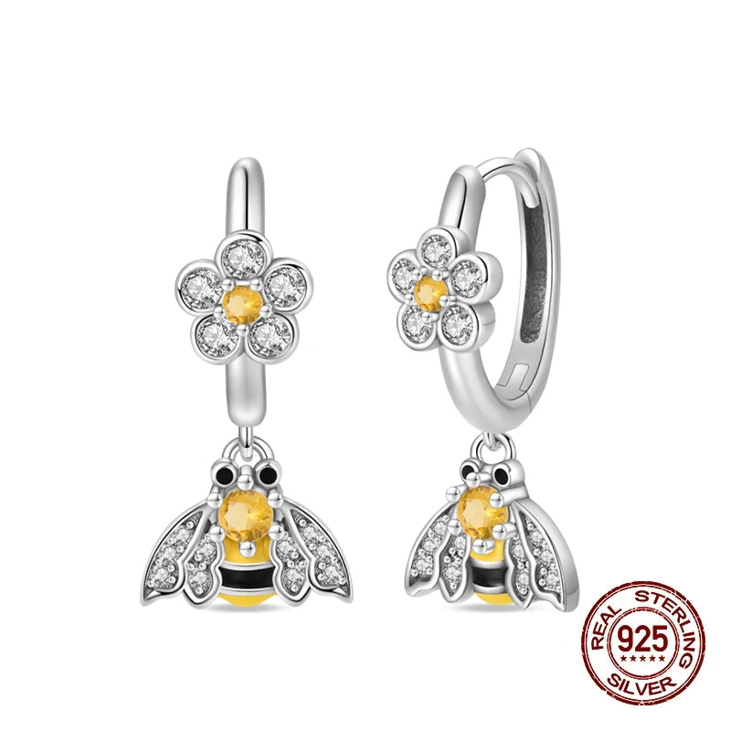 Springtime Earring For Women 925 Sterling Silver Bee Magritte Flower Butterfly Double Hoop Earrings Jewelry Fine New Year Gift
