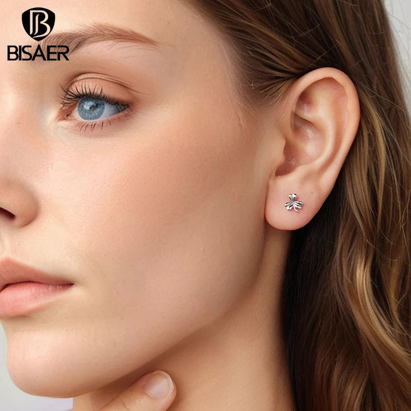 BISAER 925 Sterling Silver Mini Clover Stud Earrings,Lightweight Hypoallergenic Stud Ear for Lucky Woman Party Fine Jewelry