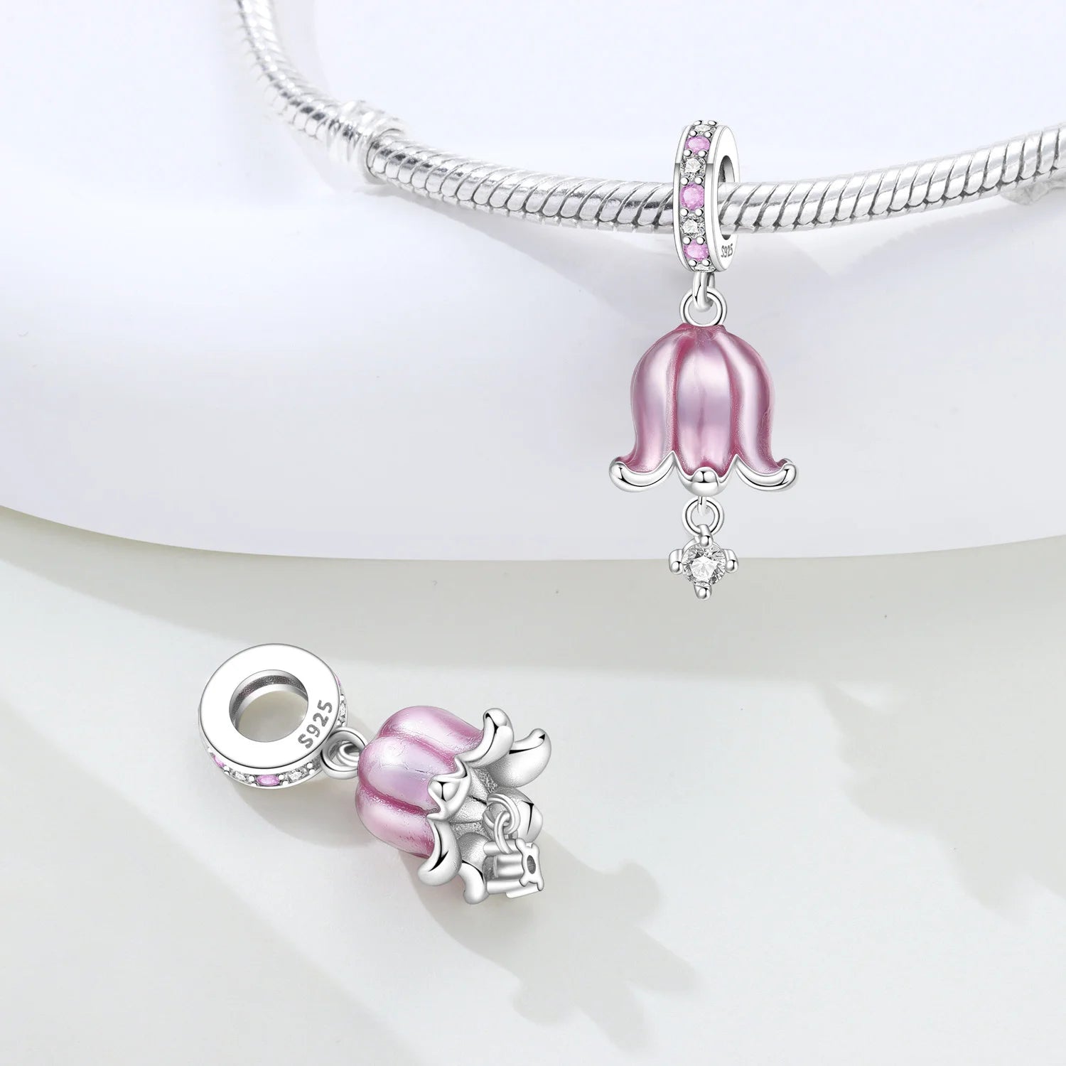 PANPOKI 925 Sterling Silver Pink Orchid Wind Chime Pendant Beads Original Pendants Bracelet Charm Jewelry Party DIY Gifts